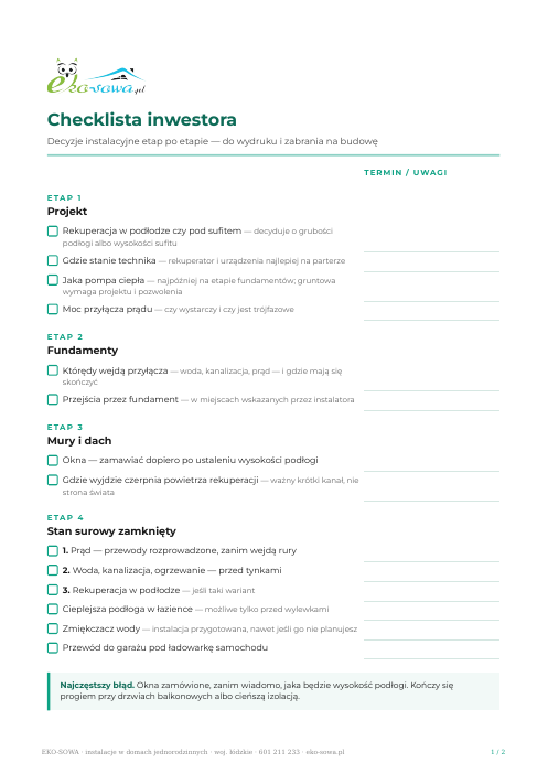 Pierwsza strona checklisty inwestora
